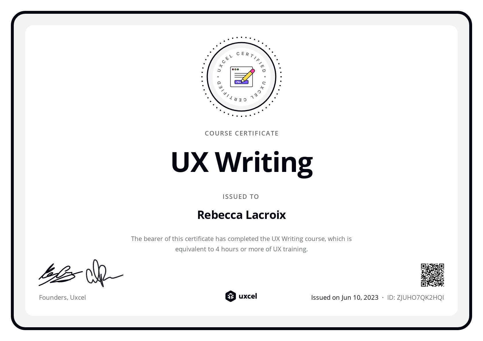 Rebecca Lacroix's certificate